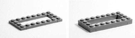 Each photograph should show a single step in the construction of the model. Here are steps 1 and 2 of the 1x2 plate in 4X scale.