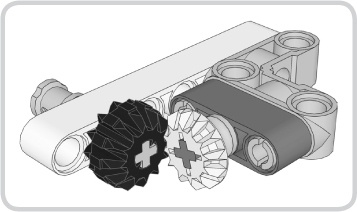A 12t double bevel gear and a 12t bevel gear engaging on perpendicular axles