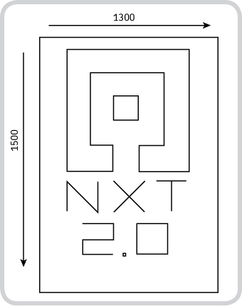 In this drawing of the NXT 2.0 logo, the arrows indicate the estimated printable area, and the numbers indicate the number of degrees required to move from one end of the printable area to the other.