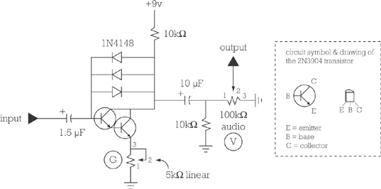 The schematic for the Two-Transistor Fuzztone