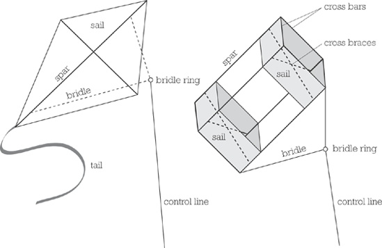 The anatomy of a diamond kite (left) and a box kite (right)