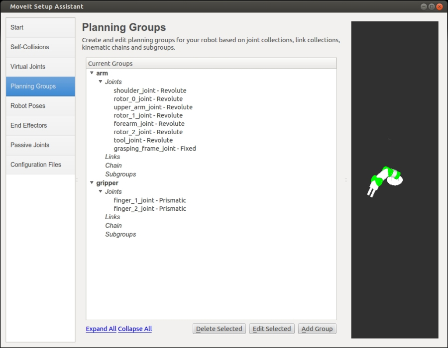 Generating a MoveIt! package with the setup assistant