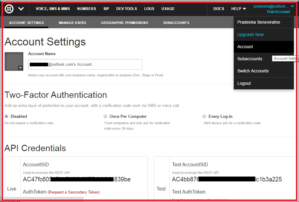 Finding Twilio test API credentials