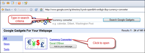 Adding a Currency Converter from the Google Gadget directory