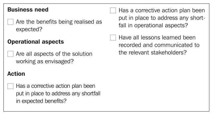 CHECKLIST AT POST-IMPLEMENTATION REVIEW