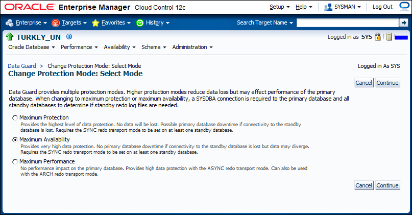 Time for action – changing the protection mode with Enterprise Manager Cloud Control