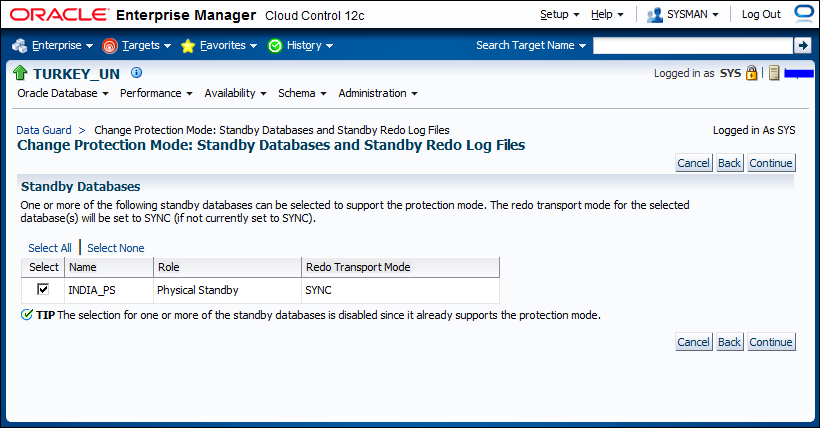 Time for action – changing the protection mode with Enterprise Manager Cloud Control