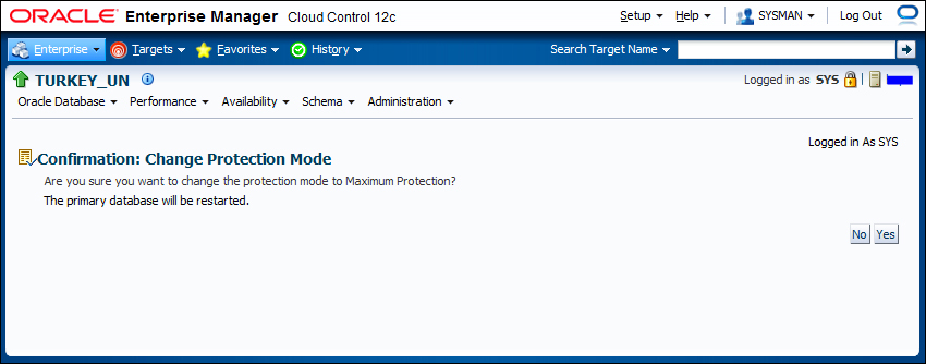 Time for action – changing the protection mode with Enterprise Manager Cloud Control