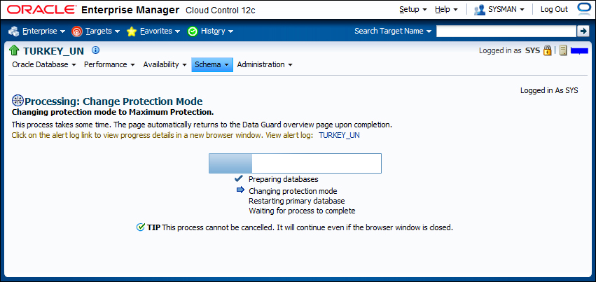 Time for action – changing the protection mode with Enterprise Manager Cloud Control