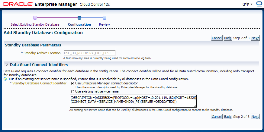 Time for action – adding the Data Guard configuration into Cloud Control