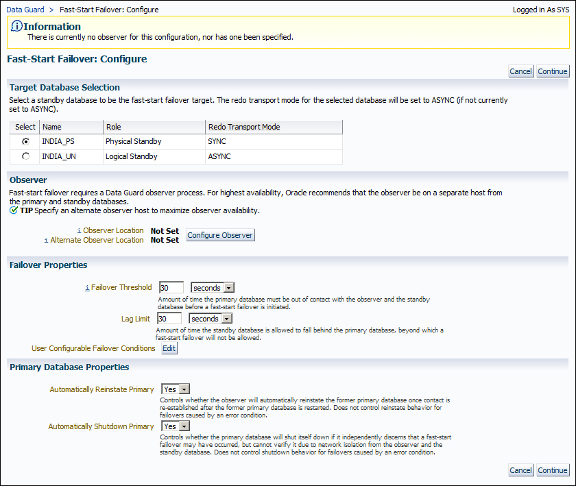 Time for action – enabling/disabling fast-start failover