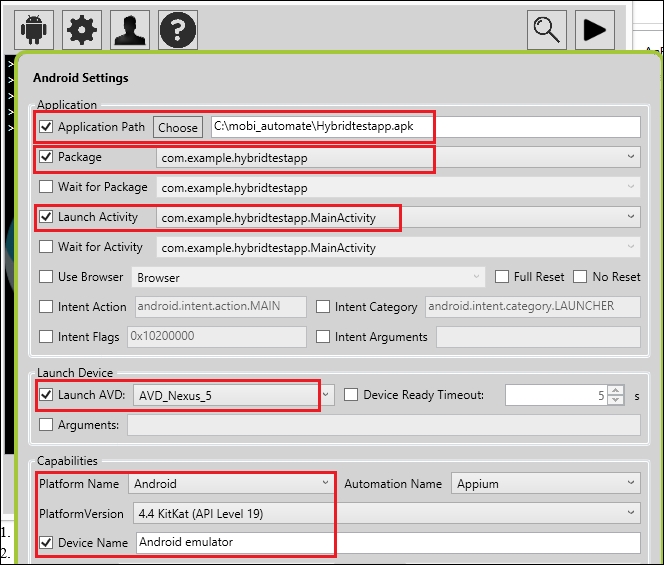 Necessary desired capabilities for Android and initiating the Android driver