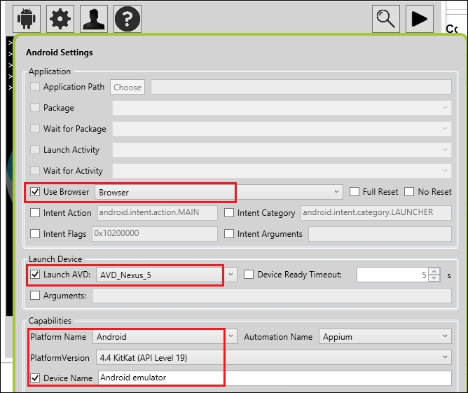 Necessary desired capabilities for Android and initiating the Android driver