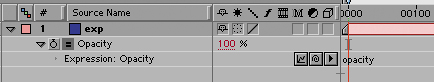 With the default expression activated for the Opacity channel, the opacity value of 100% turns red and a new cursor with an equals sign appears next to the stopwatch; this toggles the expression on and off. The following line, revealed by the twirly arrow, contains the expression itself along with icons for the graph, pickwhip, and keywords.