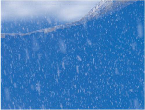 Artificial snow falls on a blue-screen stage.