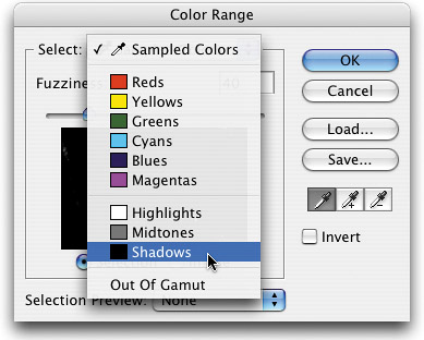 HAVE PHOTOSHOP SELECT THE SHADOWS AND HIGHLIGHTSactionsplayback ofactionsslowing downactionstroubleshootingColor Range dialog,highlights.selectinglightmidtones Input Levels slider,scanshighlights andscansshadows andshadowsselectingtroubleshooting,actions