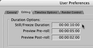 On the Editing tab of the User Preferences window, type a new default duration in the Still/Freeze Duration field.