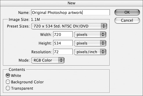 In the New dialog box, enter a width of 720 pixels, a height of 534 pixels, and a resolution of 72 pixels per inch.