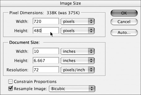 In the Image Size dialog box, specify a width of 720 pixels and a height of 480 pixels.