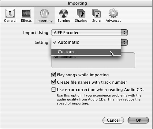Specify your file conversion settings in the Importing pane of the iTunes Preferences window.
