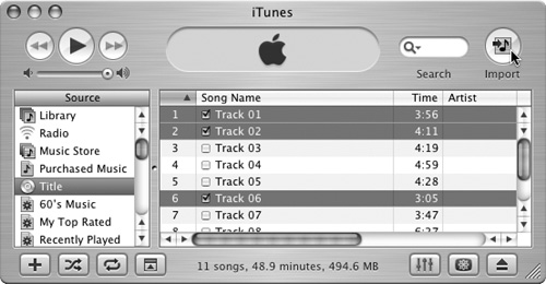 In the iTunes playlist window, check the tracks you want and click the Import button.