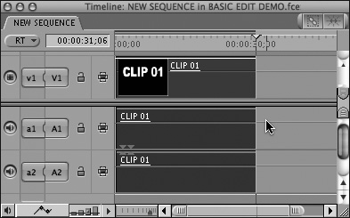 The source clip has been added to the sequence. The Timeline playhead’s position was used as the sequence In point, so the clip’s In point has been placed at the beginning of the sequence.