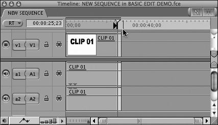 Position the Timeline playhead where you want your second clip to start; then press I to set a sequence In point.