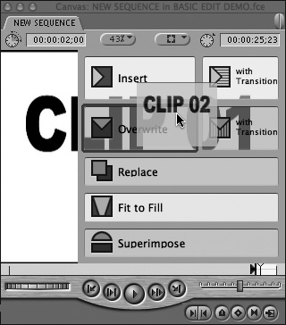 Drag the second source clip to the Canvas edit overlay; then drop the clip on the Overwrite edit area.