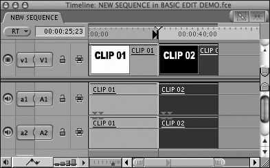 The sequence displayed in the Timeline, with the second clip inserted at the sequence In point.