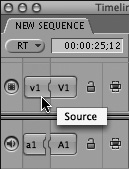 Set a target track by connecting a video Source control. The Source control is connected to the destination indicator when the track is targeted.