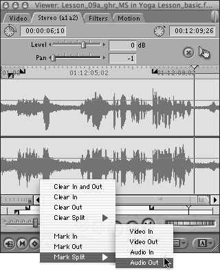 Using the Scrubber shortcut menu to mark the Audio Out point. (Alternatively, you can switch to the clip’s Audio tab to do this.)