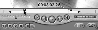 Shift-dragging moves all four points at once. The timecode readout in the Viewer displays the current In point location of the point that you drag.