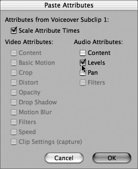 Selecting audio levels in the Paste Attributes dialog box.