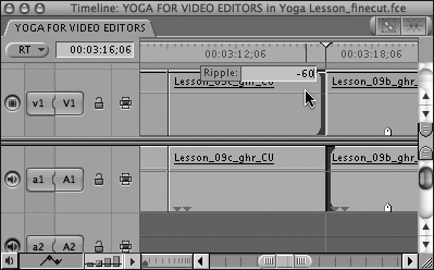 Use timecode entry to adjust the edit point. In this example, typing –60 trims 60 frames off the end of the V1 track of the left clip and 60 frames off the head of the A1 track of the right clip.