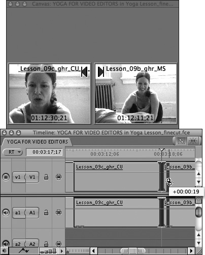 During a Roll edit, the Canvas window converts to dual-screen mode, displaying the outgoing Out point on the left and the incoming In point on the right.