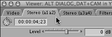 This merged clip contains four channels of stereo audio, so two Audio tabs appear in the clip’s Viewer—one tab for each of the two stereo audio pairs.
