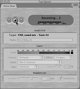 When playback reaches your specified In point, the Voice Over tool status display turns red, and the message switches to “Recording.”