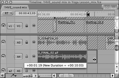 Adjusting the Out point of an audio clip to restore the end of the take that extended past the specified Out point during recording.