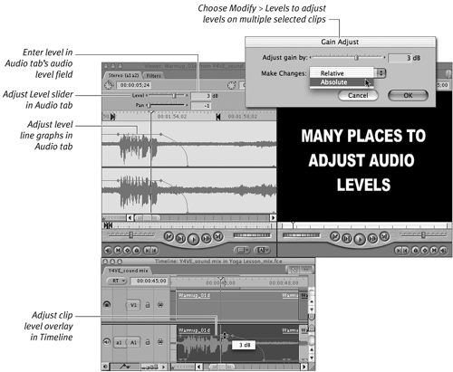You can adjust a clip’s audio level from any of the locations illustrated here.