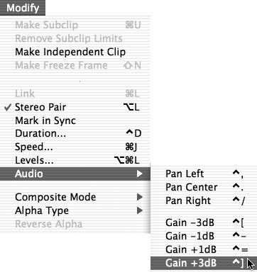 Choose Modify > Audio and make a gain selection from the submenu. Note the keyboard shortcuts listed to the right of the submenu choices.