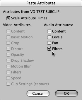 In the Paste Attributes dialog box, paste just the filters from your test audio clip onto the longer audio clip you’re filtering.