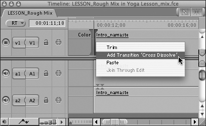Control-click the edit point; then choose Add Transition ‘Cross Dissolve’ from the shortcut menu.