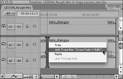 Control-click the edit point; then choose Add Transition ‘Cross Fade (+3dB)’ from the shortcut menu.