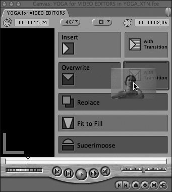 Drag the source clip from the Viewer to the Canvas edit overlay; then drop the clip on the Overwrite with Transition edit area.
