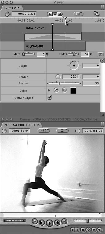 Reposition the Transition Editor’s playhead, and the Canvas displays a preview of a frame later in the transition.