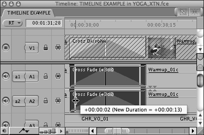 Adjusting the duration of an audio transition in the Timeline. Dragging a transition’s edge affects the length of the transition but does not alter any underlying edit points.