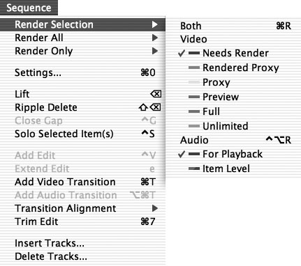 In FCE’s render menus, you’ll encounter six video and two audio render categories. You can specify which render categories you want to include in your render operations.