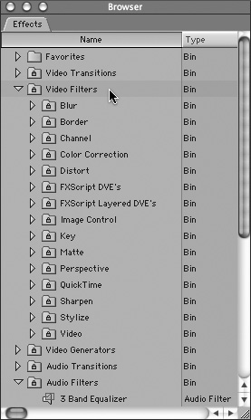 The Browser’s Effects tab organizes available effects in folders.