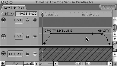 Clip overlays are displayed as line graphs right on top of the track display in the Timeline. The overlay in this figure controls opacity. Corner-style keyframes appear at the beginning of the clip; a curve-type keyframe with Bézier handles appears at the clip’s end. Hide and show level line overlays by clicking the Clip Overlays button in the lower-left corner of the Timeline.