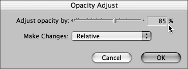 Choose Relative in the Opacity Adjust dialog box to adjust the opacity of all the selected clips by the percentage you specify.